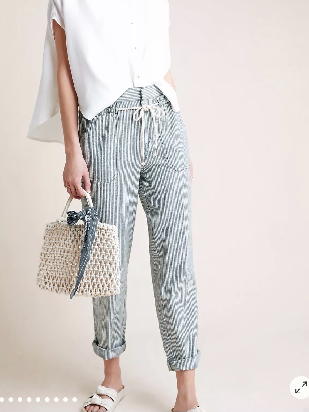 Anthropologie Green and White Striped Cropped Drawstring Pants